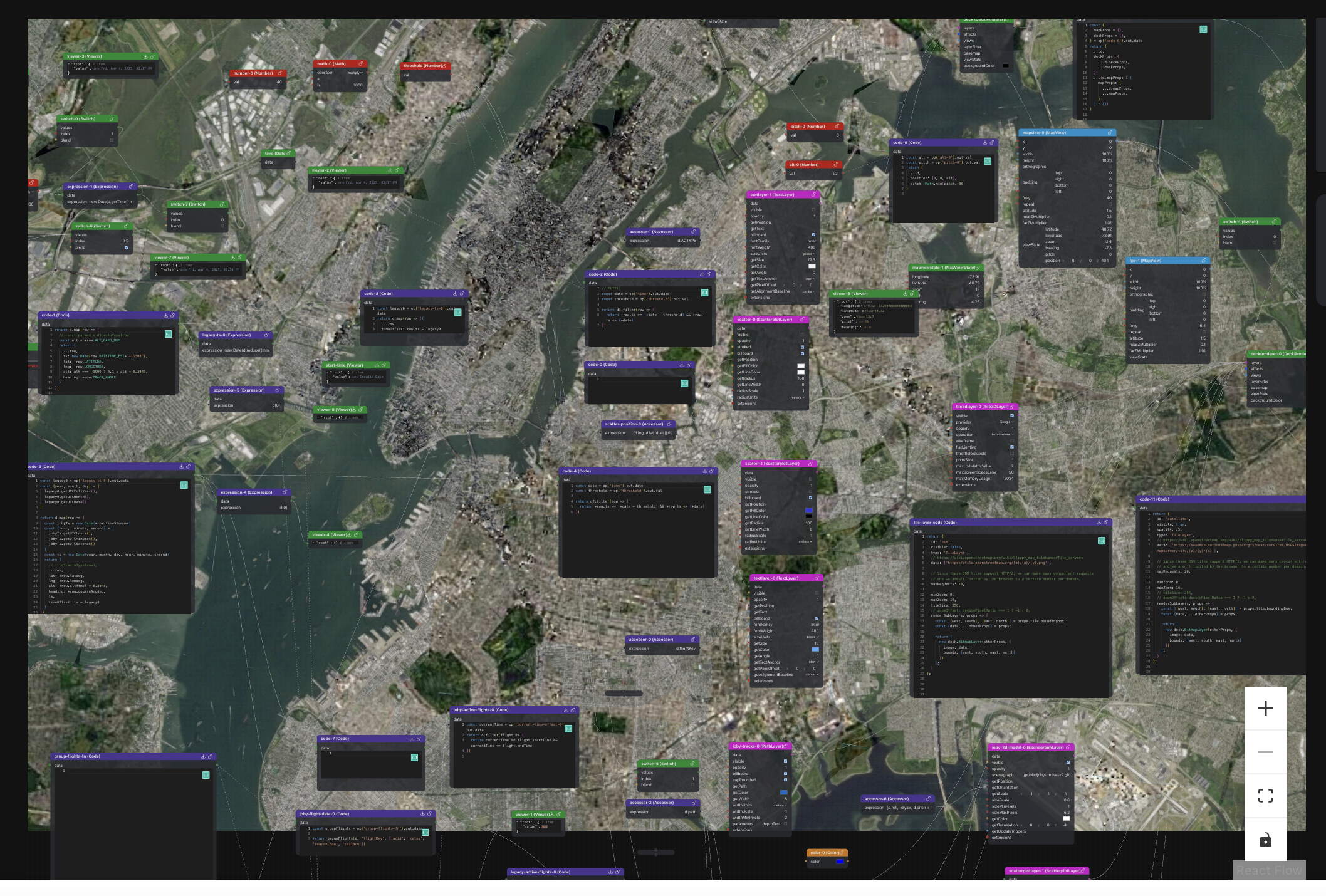 Noodles.gl editor with a multi-layer node graph and live map visualization